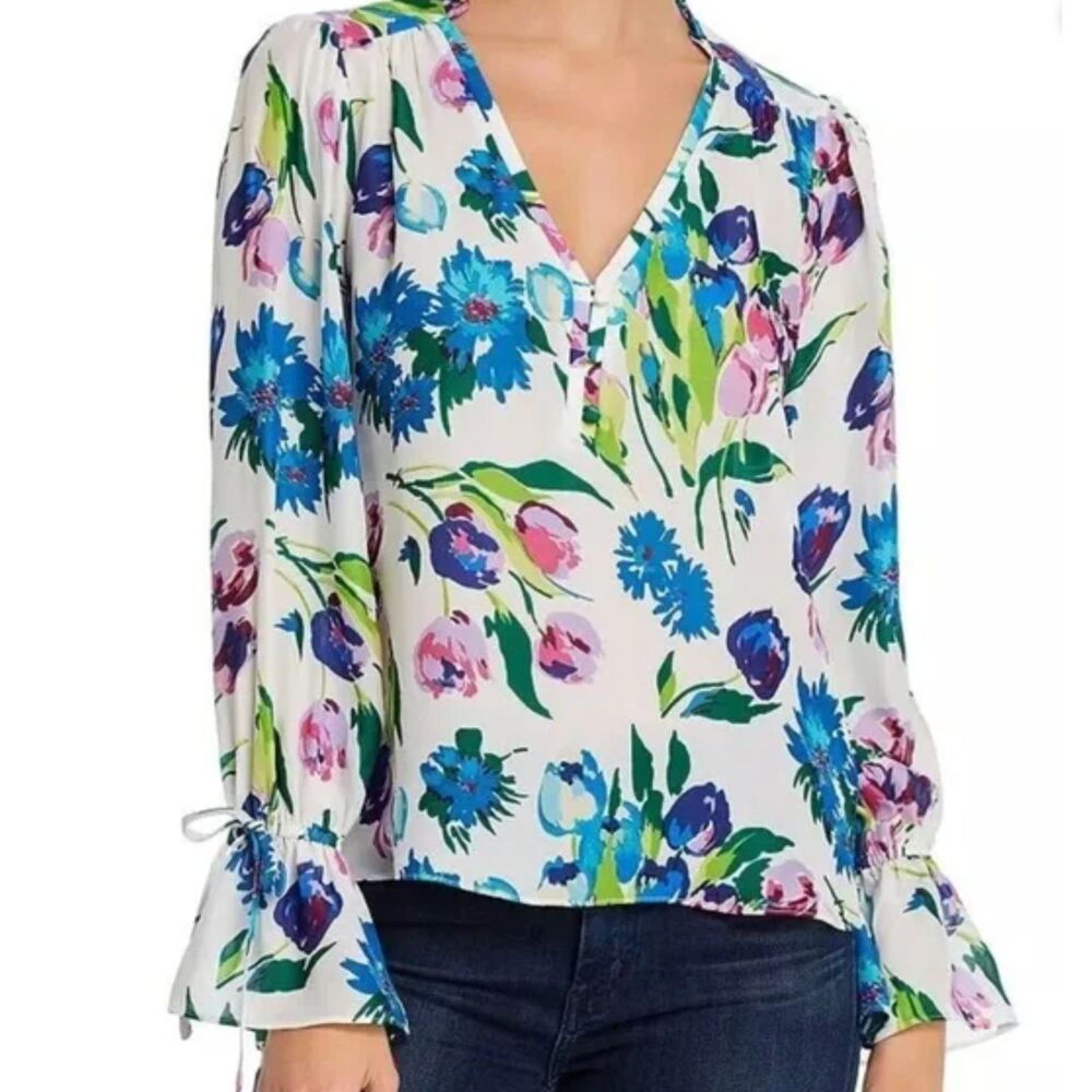 NWT Parker Cassidy Silk Viscose White Floral Long Sleeve Blouse Top Size L